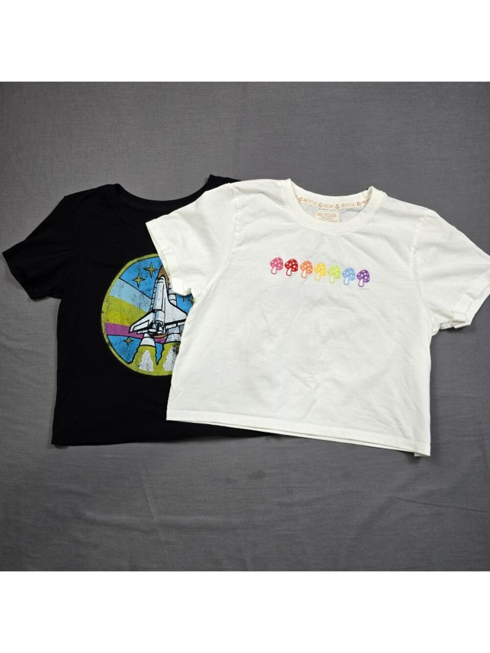 Recycle Threads M L White Rainbow Mushroom Nasa Tees TWO SHIRTS